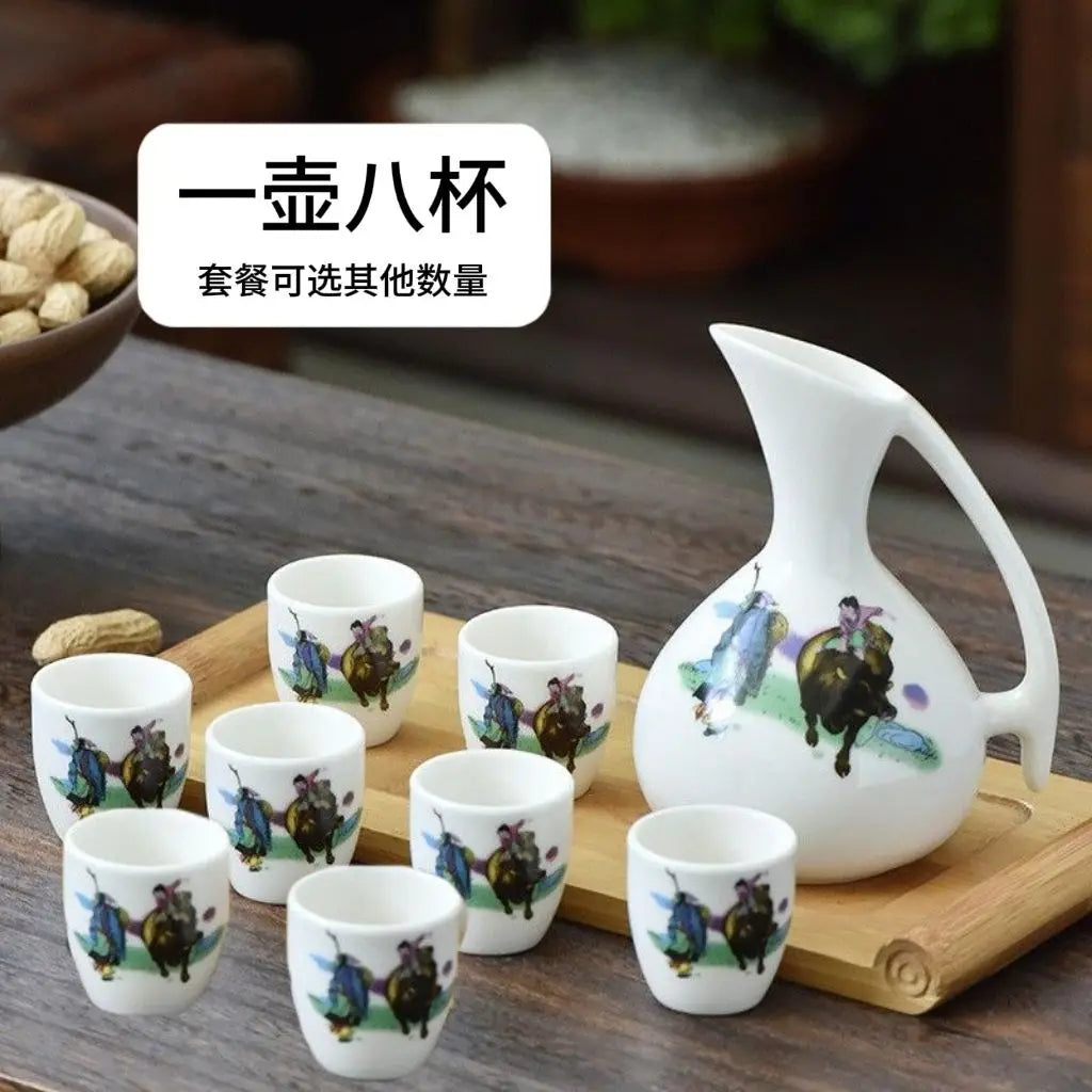 Afralia™ Ceramic Wine Set Dispenser Antique Pot Liquor Cup Warming Container