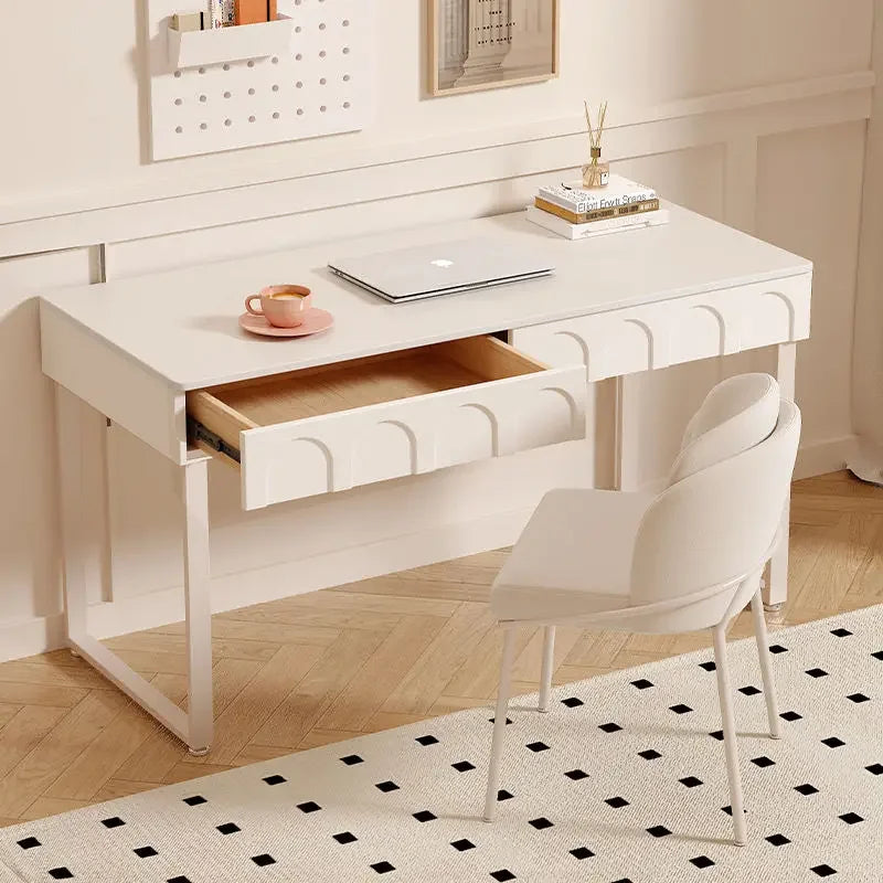 Afralia™ Cream Wind Rock Board Writing Table: French Style Desk with Drawers, Computer Desk