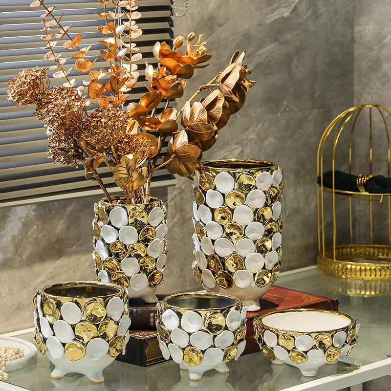 Afralia™ Geometric Gold Leaf Relief Ceramic Vase - Elegant Hand-Appliqued Flower Pot Home Decor