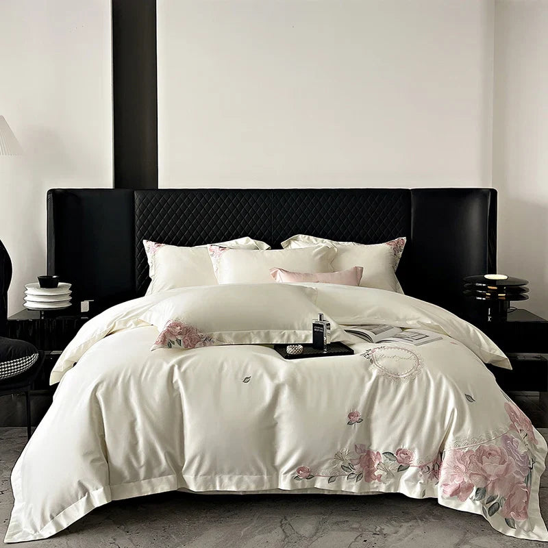 Afralia™ French Flowers Embroidery Luxury Bedding Set in 1000TC Egyptian Cotton