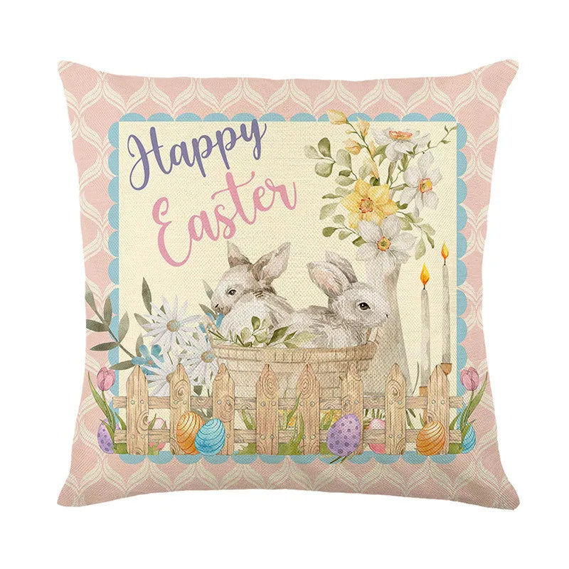 Afralia™ Easter Bunny Rabbit Linen Cushion Cover 45x45cm - Flower Print Festival Pillowcase