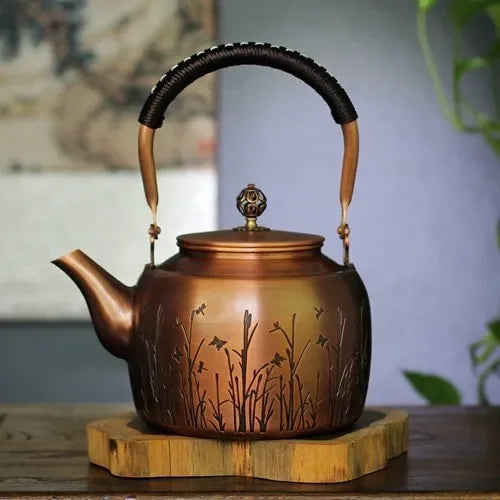 Afralia™ Vintage Copper Teapot 2L Gas Stove Charcoal Boiler Tea Set