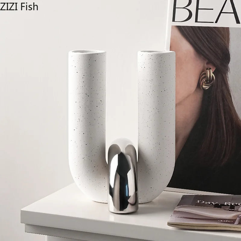 Afralia™ U-shaped Ceramic Vase: Desk Decoration, Porcelain Floral Vase, Room Aesthetic Decor
