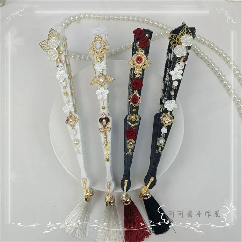 Afralia™ Elegant Gemstone Handle Lace Fan for Dark Gothic Court Party