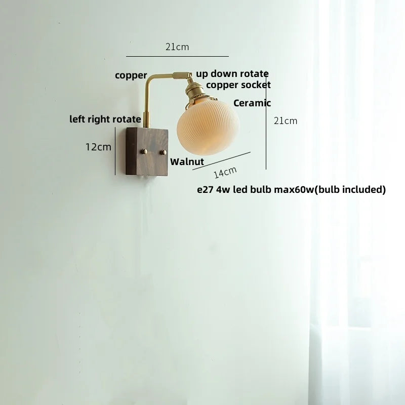 Afralia™ Nordic LED Walnut Wood Wall Lamp with Rotating Ceramic Copper Pull Chain Switch