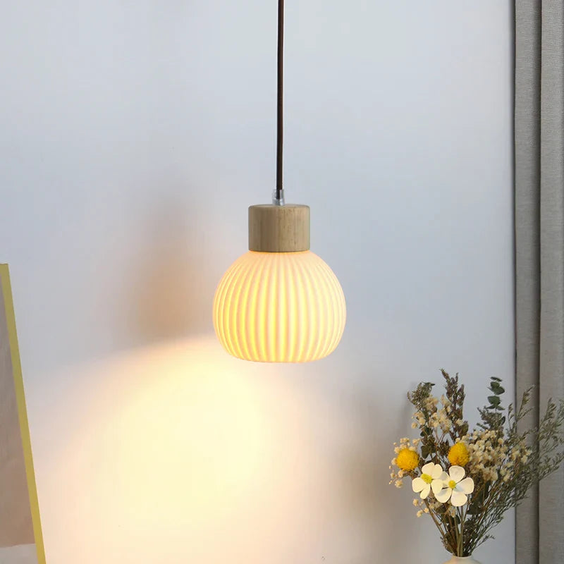 Afralia™ Wood LED Pendant Lamp White Ceramic Ball Hanging Lights