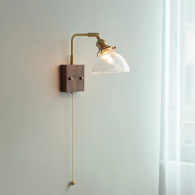 Afralia™ Walnut Wood LED Wall Sconce with Glass Shade & Pull Chain Switch