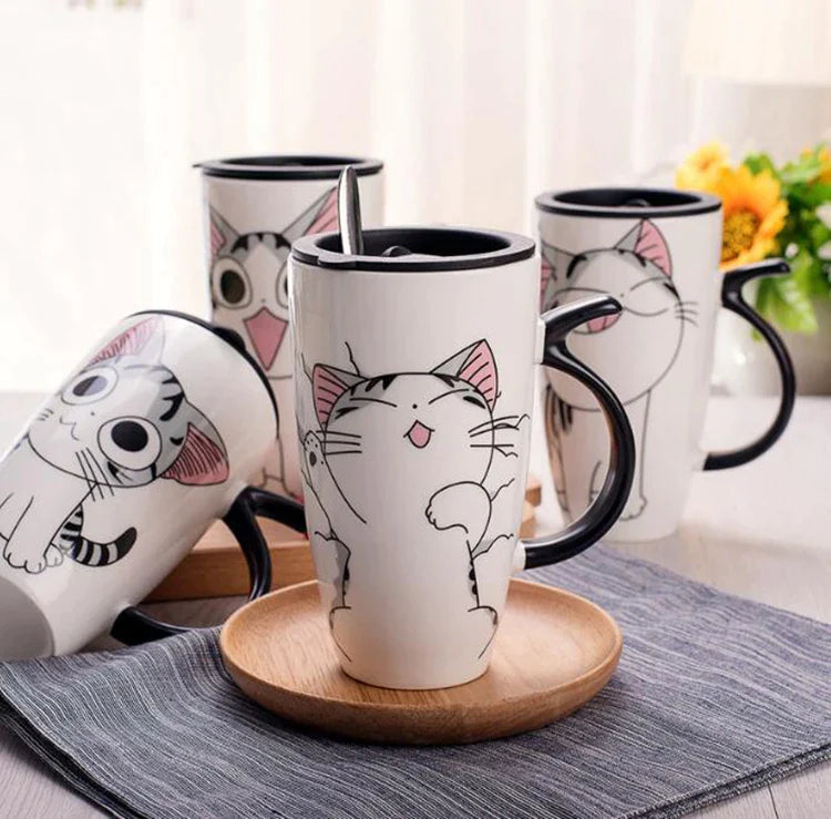 Ceramic Cat Mug with Lid, Cute Coffee Tea Cup, 600ml, Novelty Gift for Afralia™