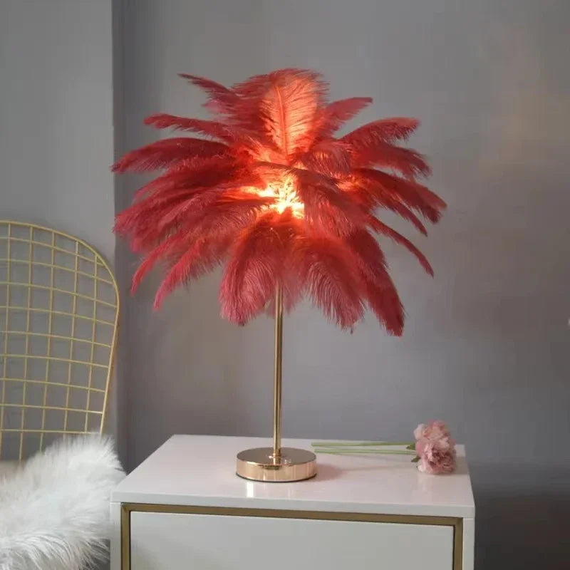 Afralia™ Nordic Ostrich Feather Table Lamp: Romantic Pink White Bedside Wedding Light