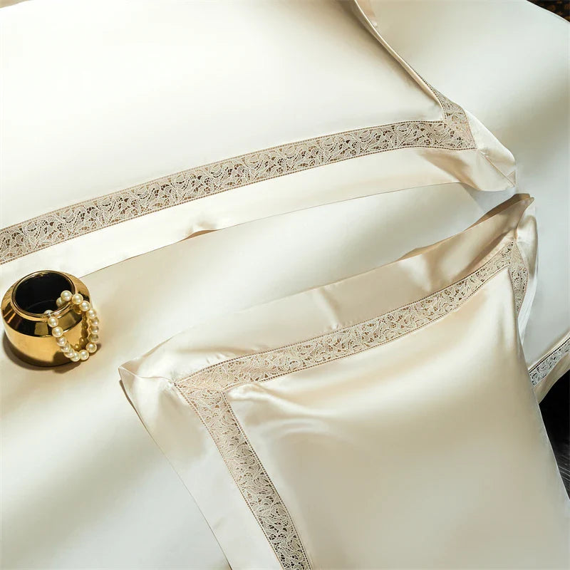 Afralia™ Luxe Silk Cotton Hollow Wide Edge Bedding Set: Duvet Cover, Flat/Fitted Sheet, Pillowcases