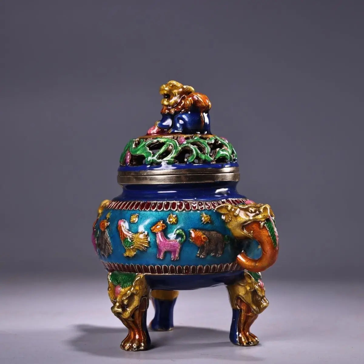 Afralia™ Bronze Cloisonne Lion Dragon Incense Burner Ornament