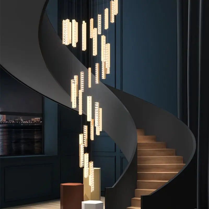 Afralia™ Gold Chrome Steel Crystal Pendant Lights with Dimmable LED for Villa Stair