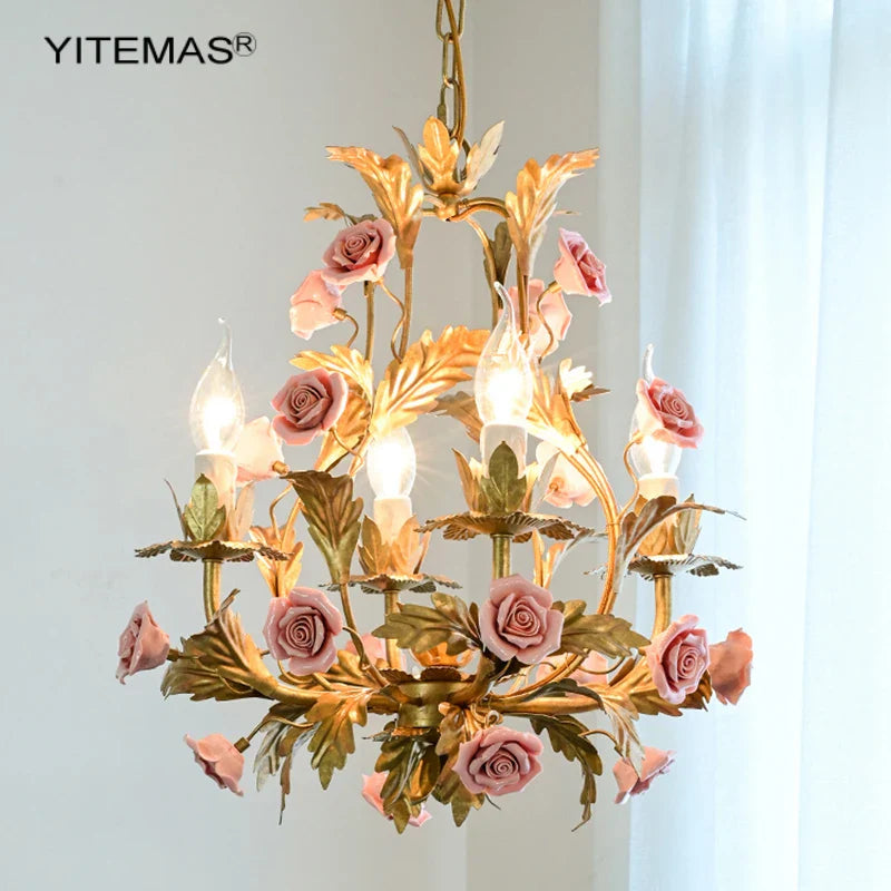 Afralia™ Pink Ceramic Flower Chandelier: Luxury Gold Princess Chandelier for Girls' Room