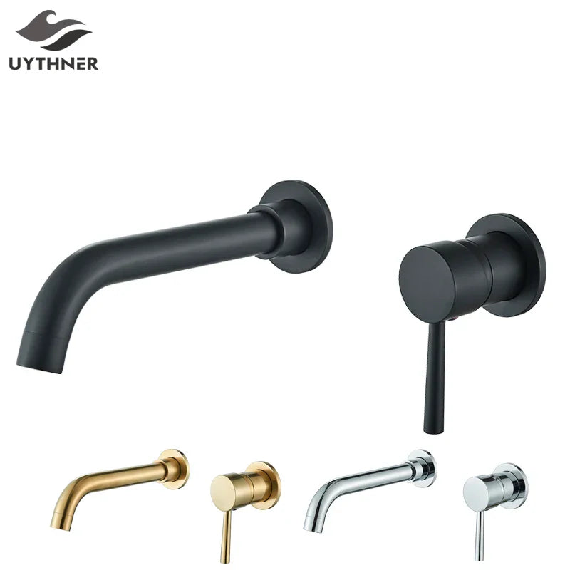 Afralia™ Wall Mounted Brushed Gold/Black Basin Faucet: Bathroom Sink Tap Hot/Cold Mixer