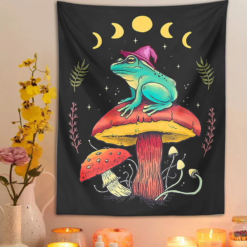 Afralia™ Frog on Mushroom Tapestry Wall Hanging: Aesthetic, Magic, Wizard, Cottagecore, Boho, Hippie, Moon Phase