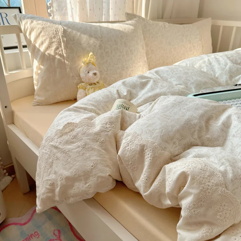 Afralia™ French Lace Washed Cotton Bedding Sets for King Queen Beds