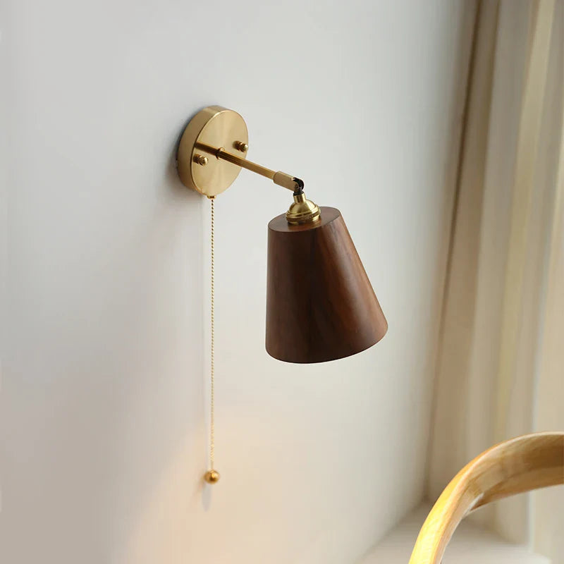 Afralia™ Walnut Wood LED Wall Light Fixture with Pull Chain Switch, Rotating Up Down Design