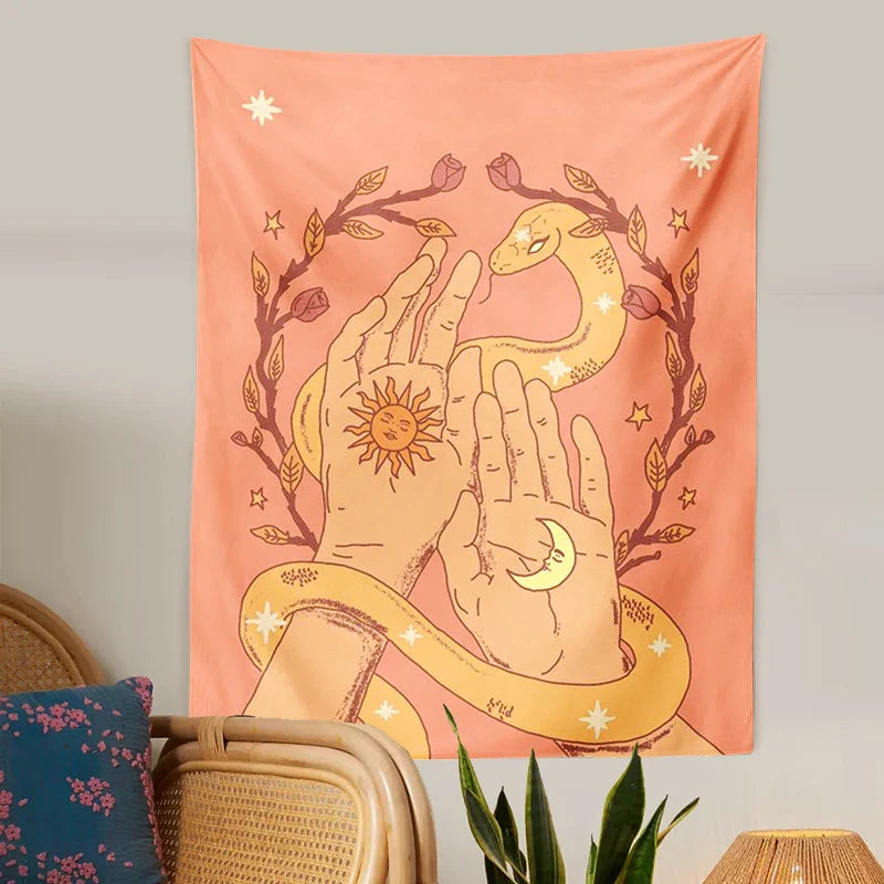 Afralia™ Sun Moon Snake Tapestry Wall Hanging Retro Boho Decor Art