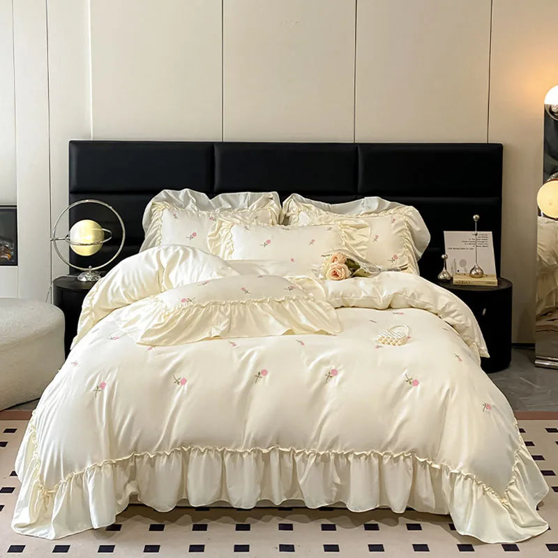 Afralia™ Ice Silk Embroidery Bedding Sets: Luxury Rayon Duvet Set with Lace, Soft & Cozy
