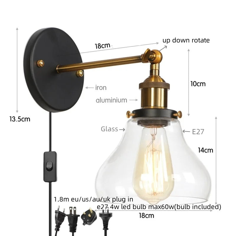 Afralia™ Red Bronze LED Wall Lamp with Pull Chain Switch and Clear Glass
