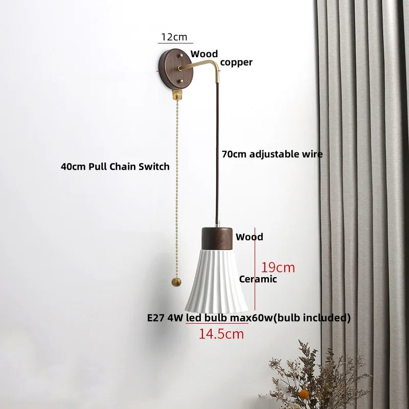 Afralia™ Nordic LED Wall Sconce Pull Chain Switch Ceramic Wood Mirror Light
