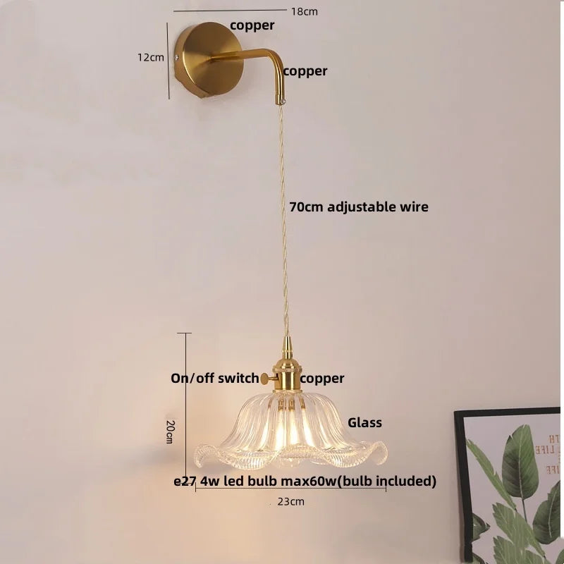 Afralia™ Copper LED Glass Wall Sconce with Pull Chain Switch for Living Dining Room
