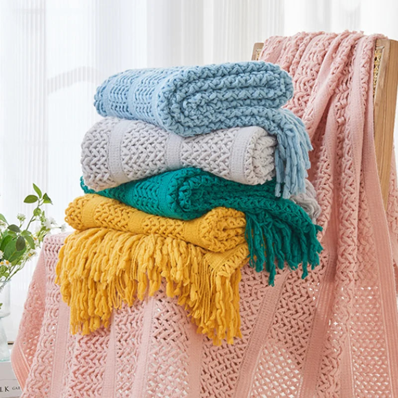 Afralia™ Knitted Tassels Blanket: Cozy Solid Color for Sofa, Bed, or Homestay
