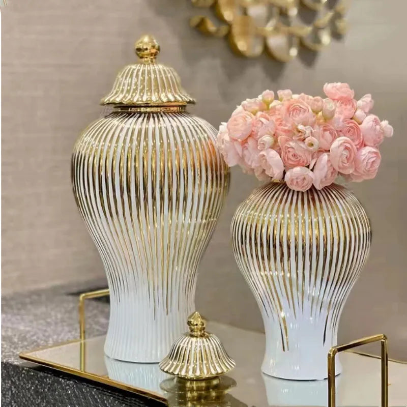 Afralia™ Gold Striped Ceramic Jar Vase Hand-made Porcelain Home Decor Storage