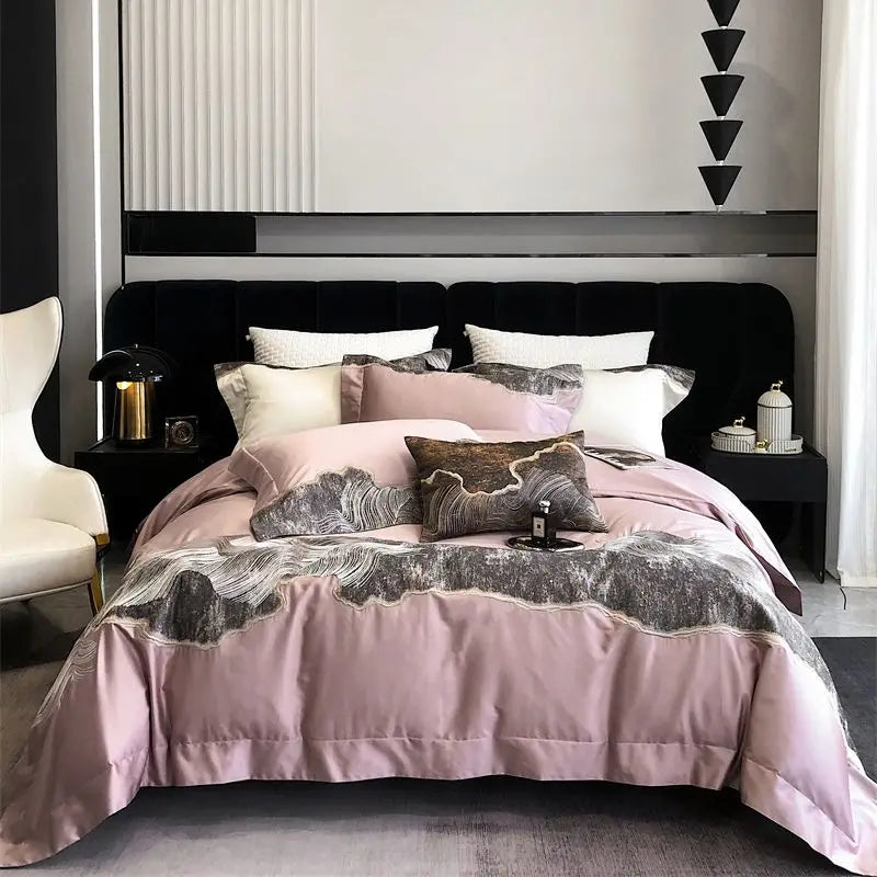 Afralia™ Luxury Egyptian Cotton Bedding Set in Blue/Grey, 1200TC, Embroidered Modern Art