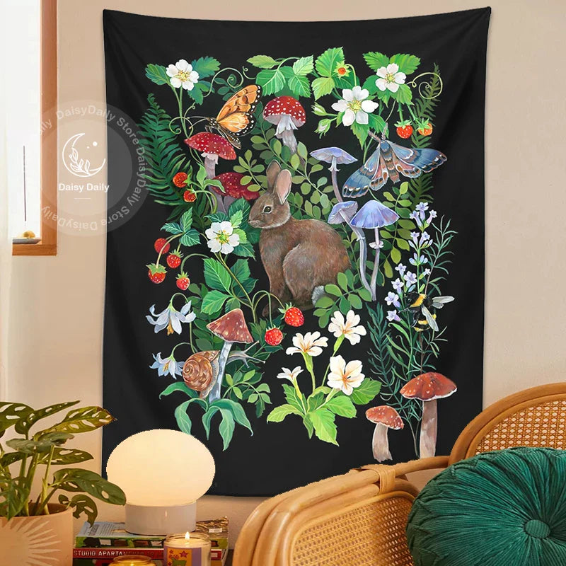 Afralia™ Rabbit Strawberry Garden Tapestry: Psychedelic Mushroom Flower Boho Wall Art