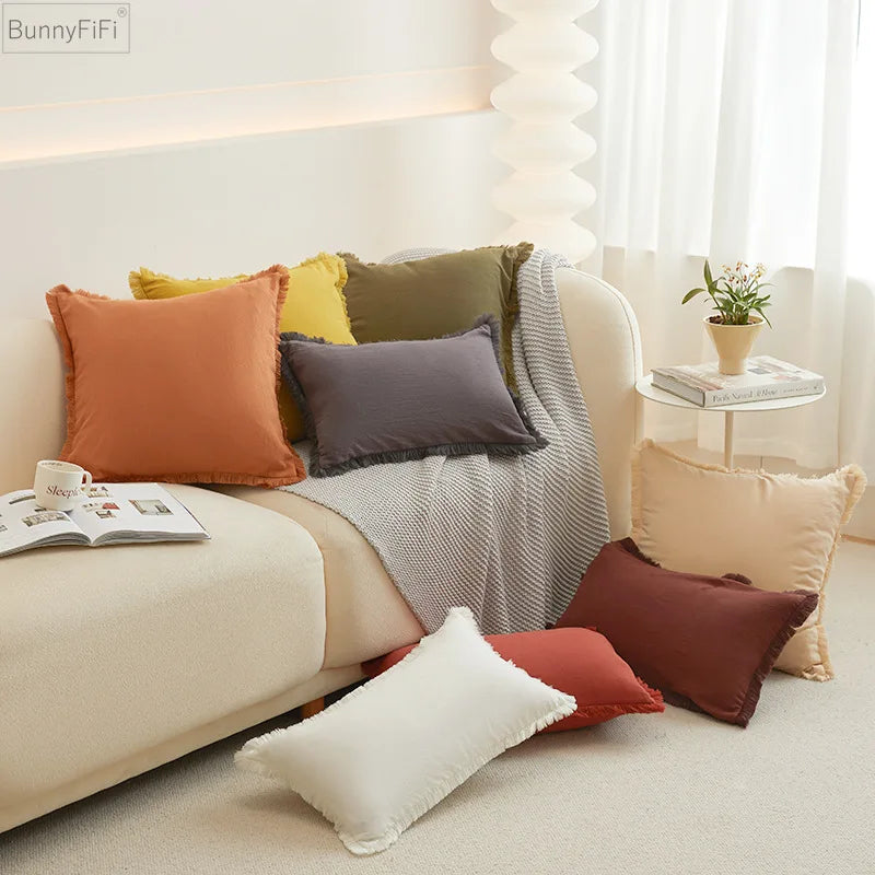 Afralia™ Washed Cotton Fringed Tassel Pillow Cover Set - White & Mustard