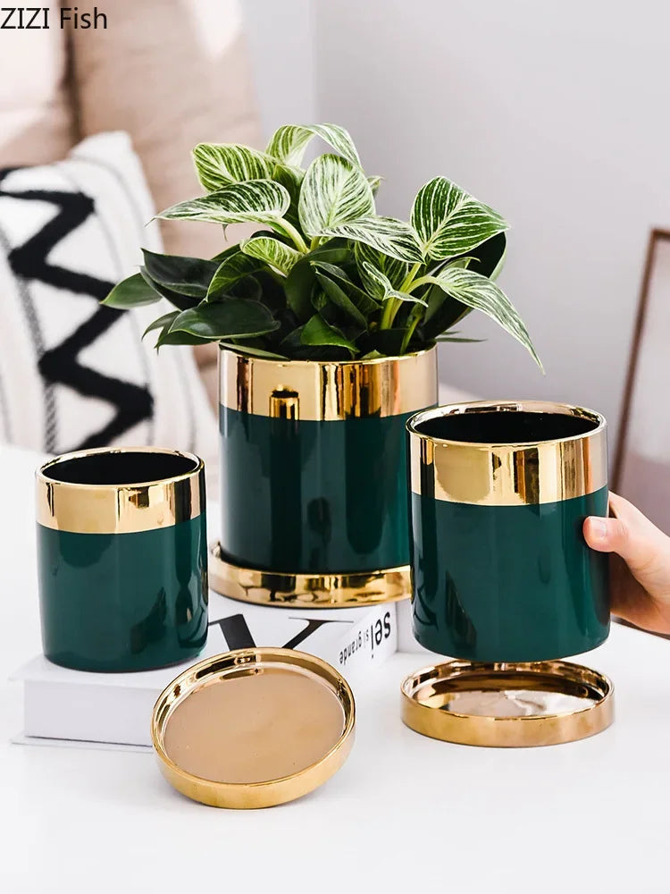 Afralia™ Luxury Emerald Ceramic Flowerpot with Gilded Border for Home and Office Decor