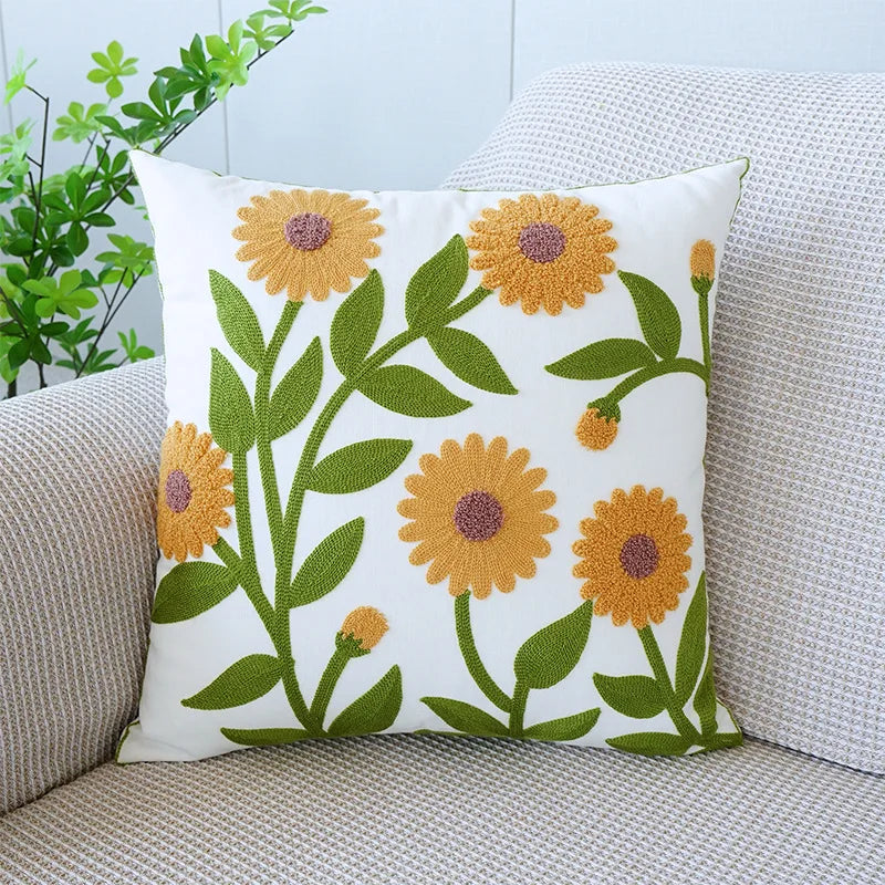 Afralia™ Sunflower Embroidered Cotton Cushion Cover 45x45cm for Living Room and Bedroom