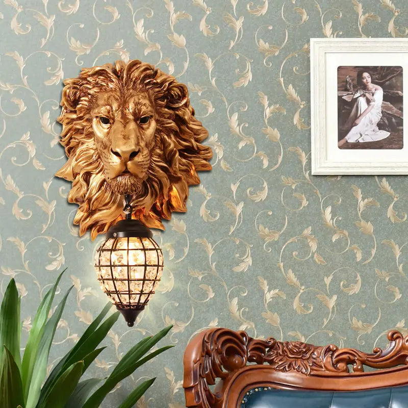 Afralia™ Lion Head Resin Wall Lamp: European Style Living Room Light for Home Décor