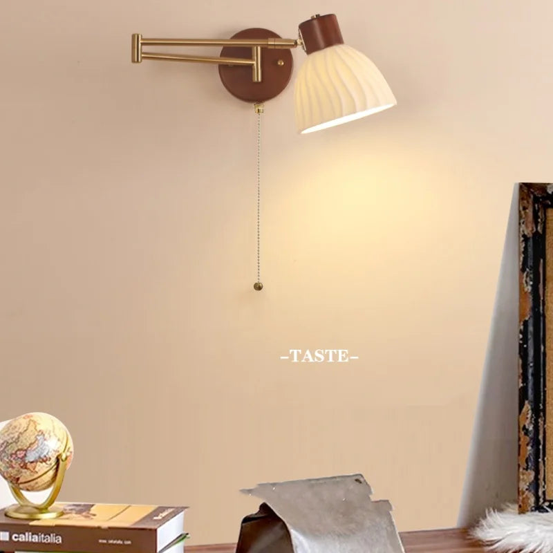 Afralia™ Walnut Wood LED Wall Sconce Pull Chain Switch Stair Light