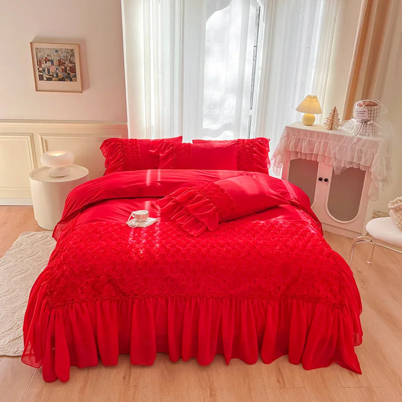 Afralia™ Rose Flowers Embroidery Princess Bedding Set - Pure Cotton, Lace Ruffles