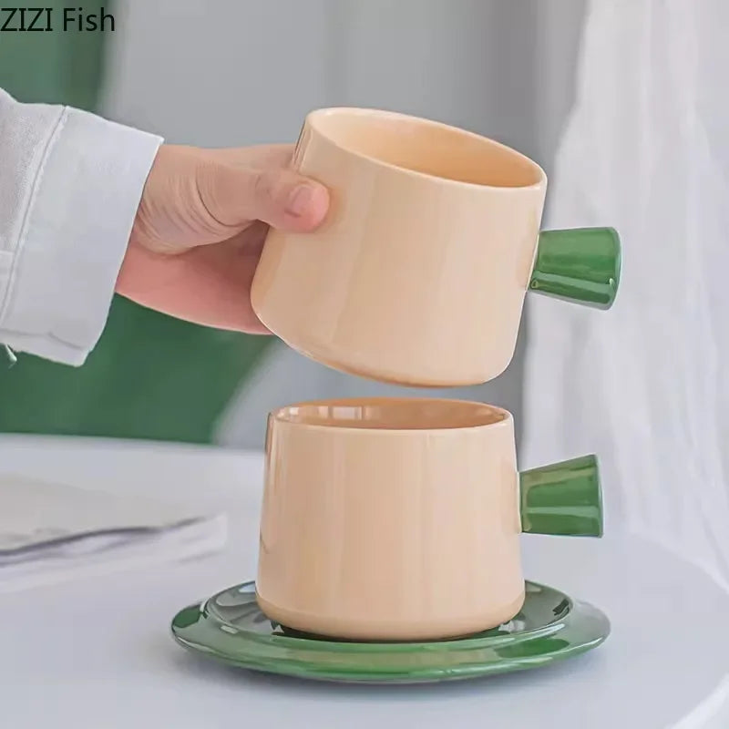 Afralia™ Minimalist Green Ceramic Tea Cup and Saucer Set - Coffee & Tea Mug