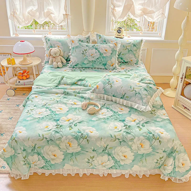Afralia™ Floral Print Lace and Ruffle Summer Quilt: Skin-Friendly, Breathable Comforter