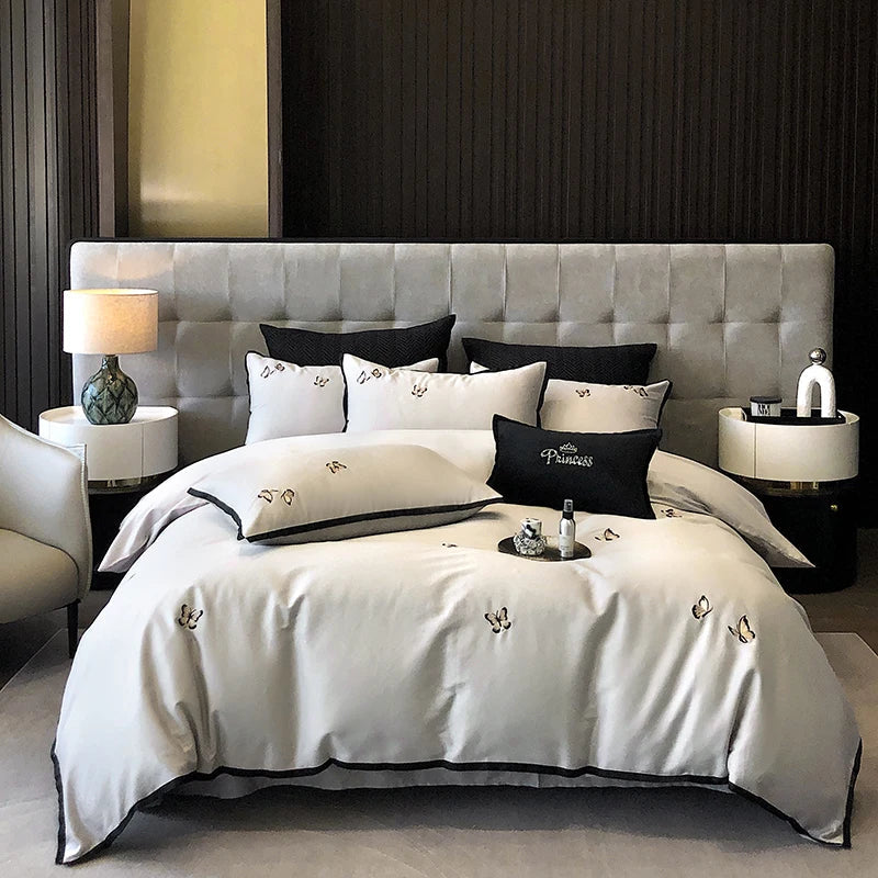 Afralia™ 600TC Egyptian Cotton Butterfly Embroidery Bedding Set: Duvet, Sheet, Pillowcases