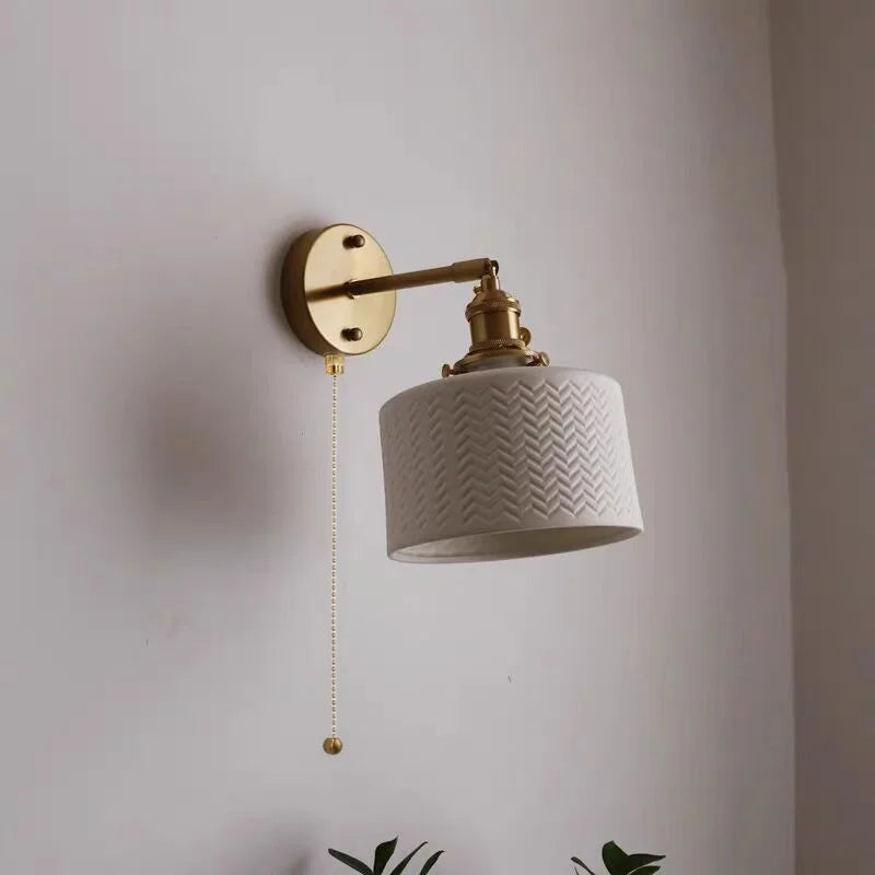 Afralia™ Copper LED Sconce Wall Lamp Pull Chain Switch Nordic Modern Ceramic Mirror Light