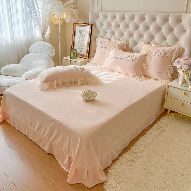 Afralia™ Pink Princess Lace Ruffle Bedding Set with Rose Embroidery, Fleece Duvet Cover, Sheet, Pillowcase