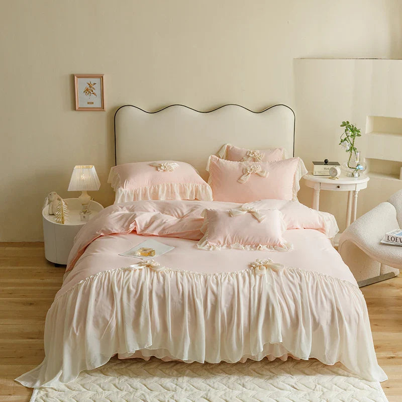 Afralia™ Sweet Lace Ruffles Flowers Bow Wedding Bedding Set - 200X230cm
