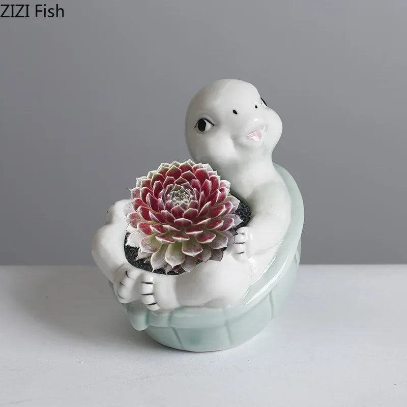 Afralia™ Cartoon Turtle Ceramic Vase for Table Decoration and Flowers Arrangement