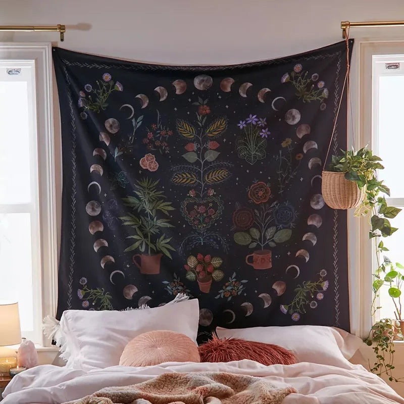 Botanical Celestial Floral Wall Tapestry by Afralia™, Moon Phase Hippie Flower Dorm Decor