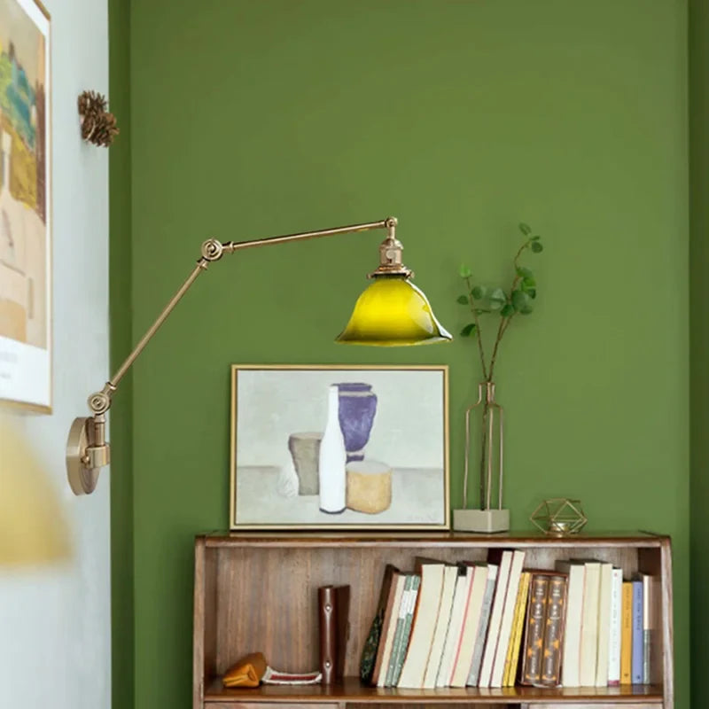 Afralia™ Swing Arm Copper Wall Lamp with Green White Lampshade, Nordic Modern Wandlamp