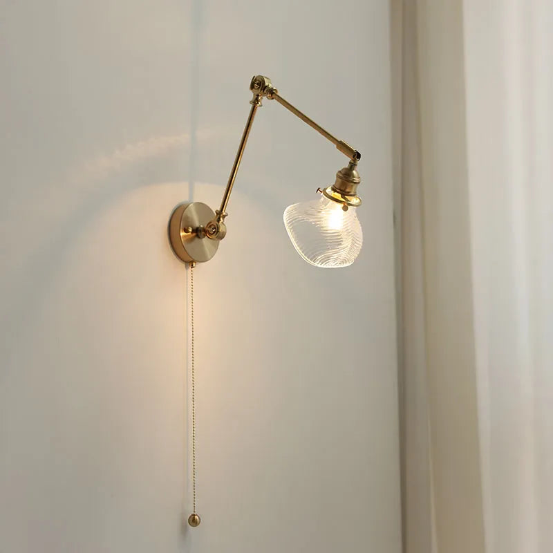 Afralia™ Modern Brass Glass Wall Light with Swing Arms & Pull Chain Switch