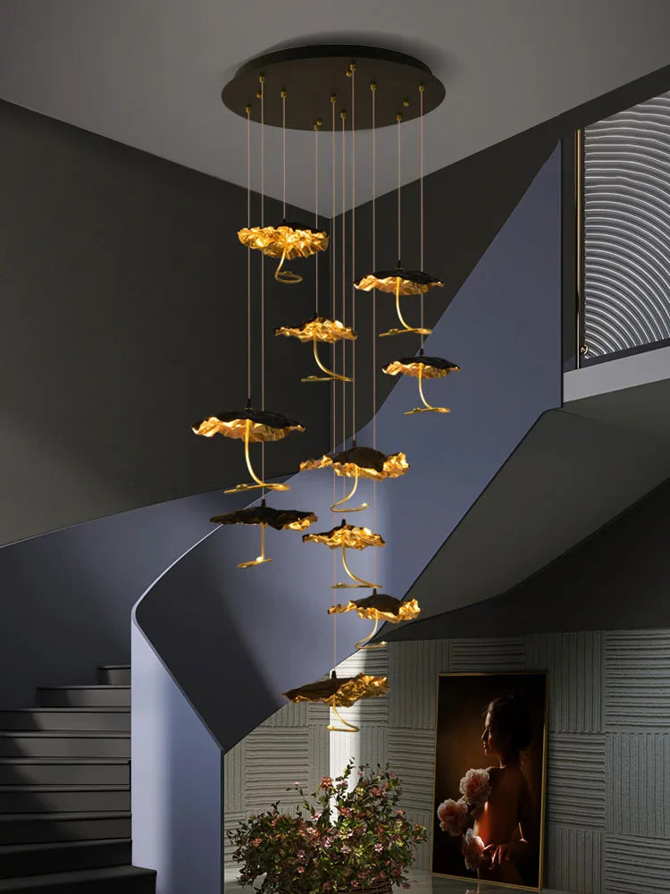Afralia™ Lotus Staircase LED Chandelier - Multi-Head Copper Black Gold Hanging Lamp