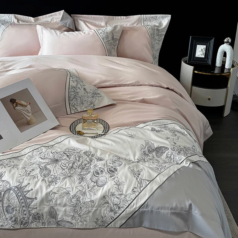 Afralia™ Luxe Butterfly Flowers Embroidery Bedding Set with Duvet Cover Sheet Pillowcases 4Pcs
