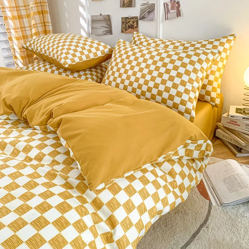 Afralia™ Nordic Checkerboard Pattern Washed Cotton Bedding Set for All-Season Comfort