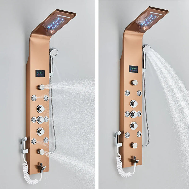 Afralia™ Rose Gold LCD Shower Panel 6 Modes Rain Waterfall Massage Jet Mixer Tap